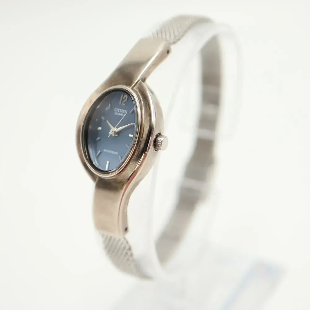 Vintage Citizen Silver Blue Oval Swirl 19mm Women Watch Steel Band w New Battery